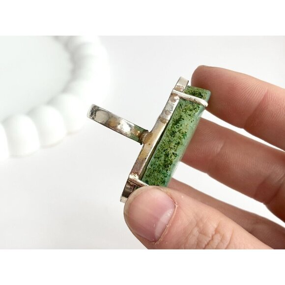 XL Green Agate Stone Vintage Polished Solitaire Sterling Silver Ring - sz 7.5 - Picture 7 of 10